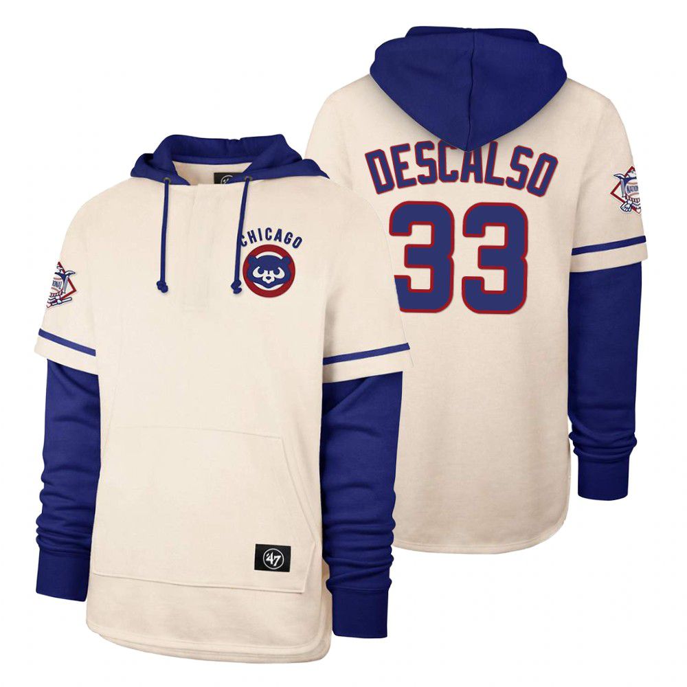Men Chicago Cubs #33 Descalso Cream 2021 Pullover Hoodie MLB Jersey